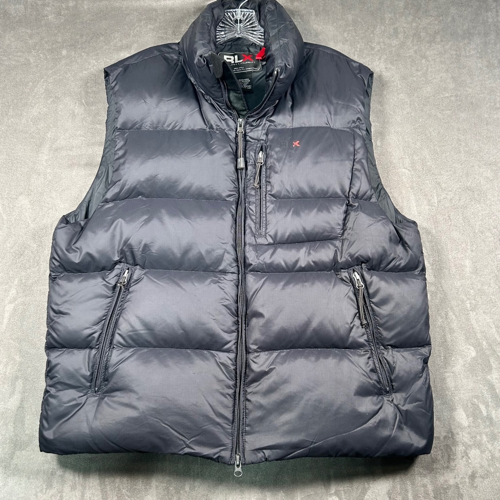RLX Ralph Lauren Mens Black Down Puffer Vest Packable Hood Large Zip Pockets